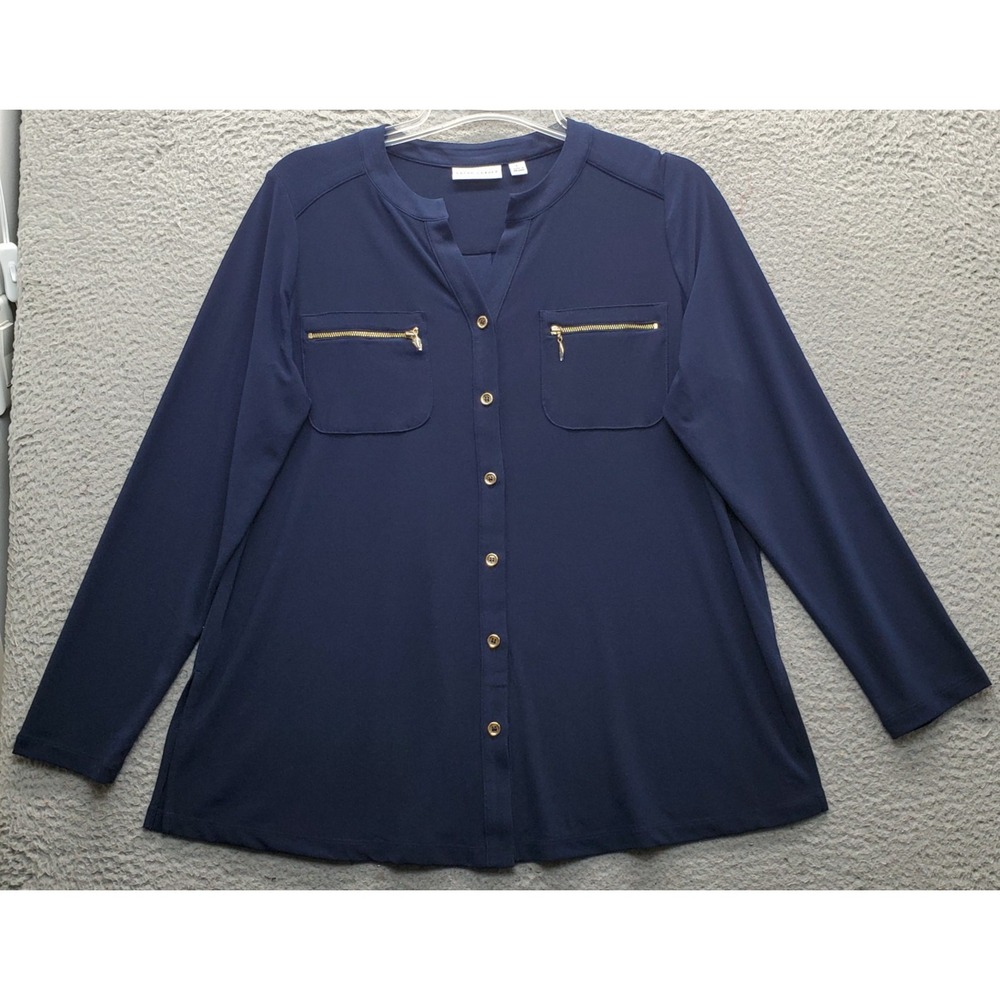 Susan Graver Blouse Top Womens L Navy Stretch Long Sleeve V-Neck Button Front